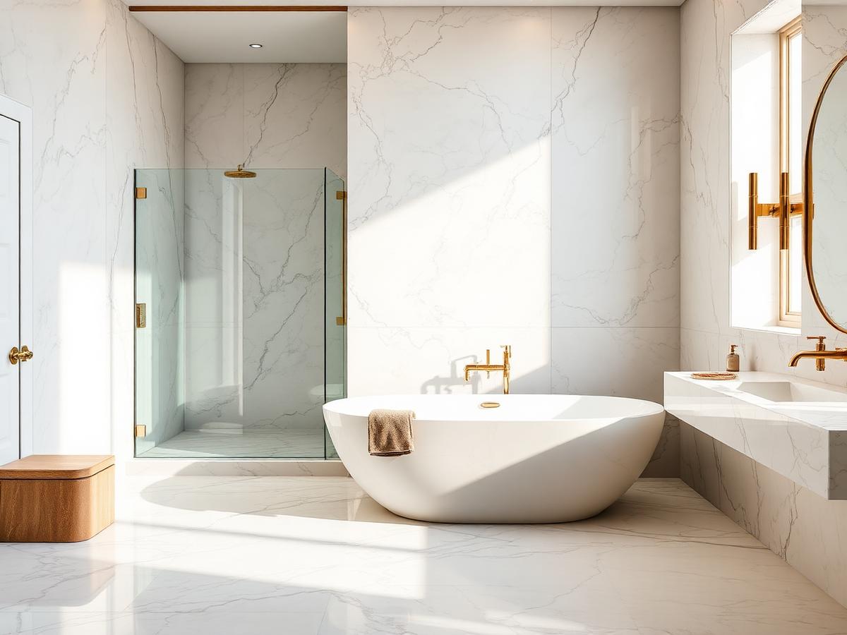 Marble-look porcelain bathroom with walk-in shower