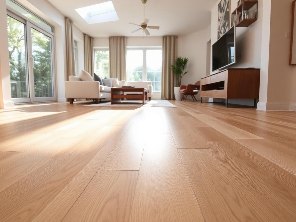 Wide-plank white oak hardwood living room floor